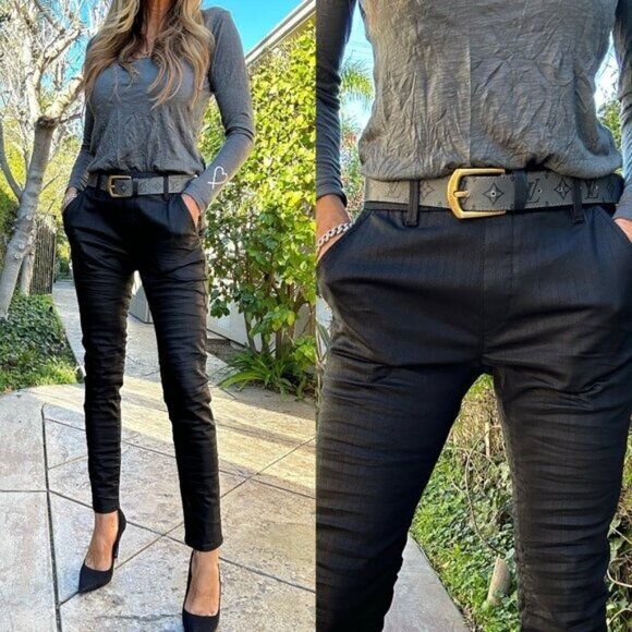 Bevy Flog Dafna Pants 27 NEW Black Herringbone Faux Leather Skinny Pull On - Picture 1 of 6